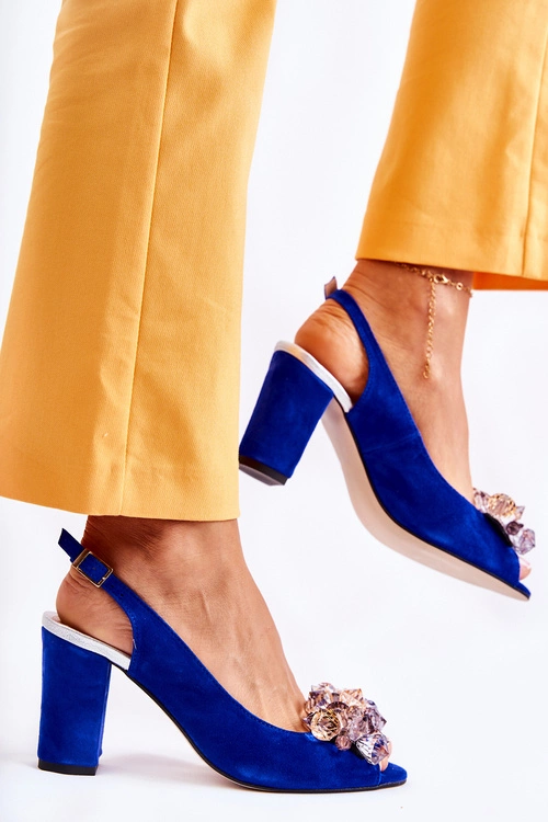 Zamszowe Modne Czółenka Sandały Z Kryształkami Granatowe Nolissa