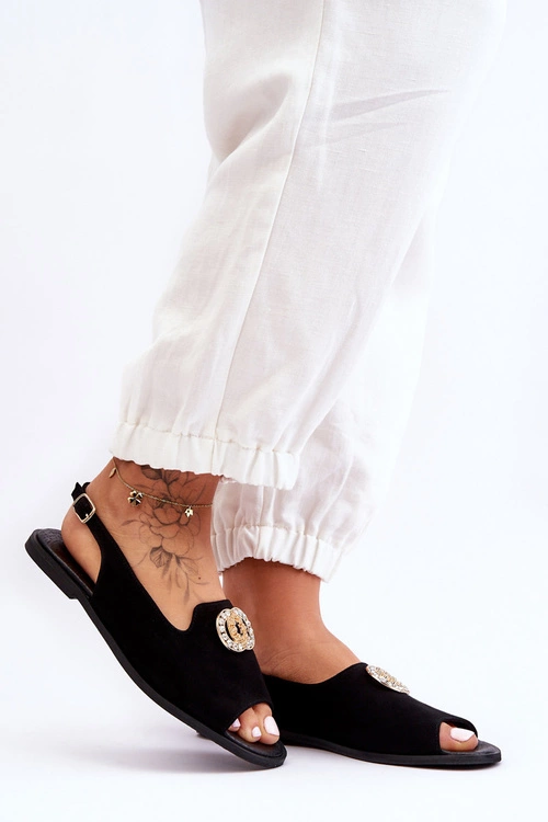 Zamszowe Płaskie Sandały Z Ozdobą Nicole 2744/002 Czarne