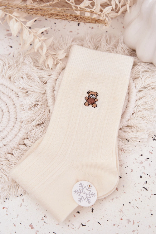 Ciepłe Skarpetki Damskie Z Wełną Miś Ecru