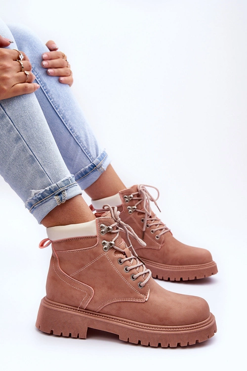 Damskie Skórzane Ocieplane Trapery Różowe Poles