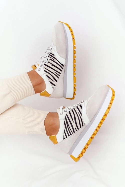 Skórzane Sportowe Buty Na Platformie GOE HH2N4001 Biało-Żółte
