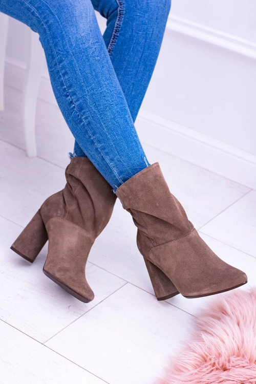 Wysokie Zamszowe Botki na Słupku Laura Messi Khaki 1857