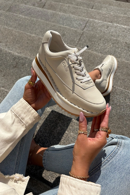 Skórzane Sneakersy Damskie Na Platformie Big Star RR274A334 Beżowe