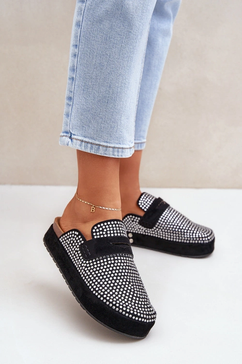 Klapki Damskie Zdobione Cyrkoniami Na Platformie Czarne Deorani