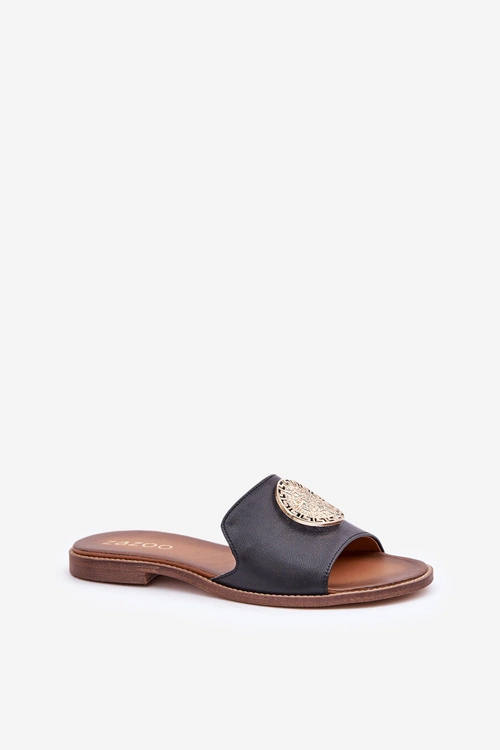 Skórzane Klapki Z Ozdobą Na Płaskim Obcasie Zazoo 3047/O Czarne