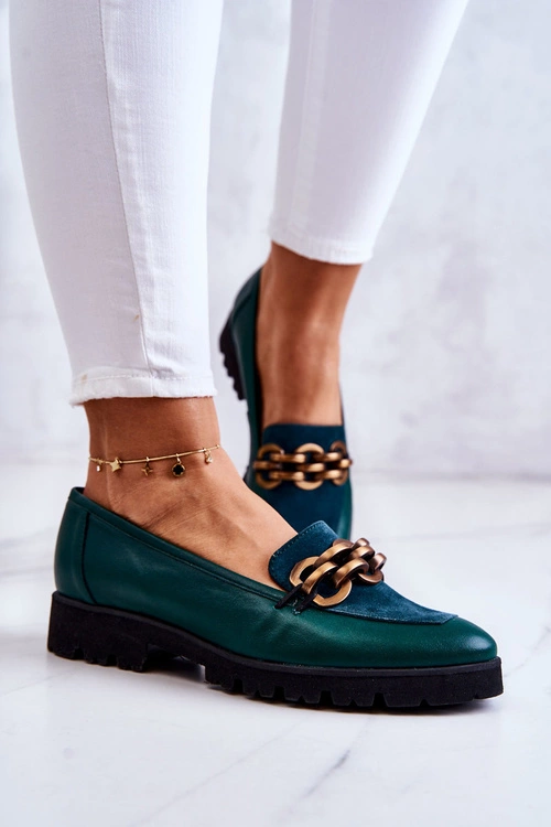 Eleganckie Skórzane Mokasyny Z Łańcuchem Zielone Geneva
