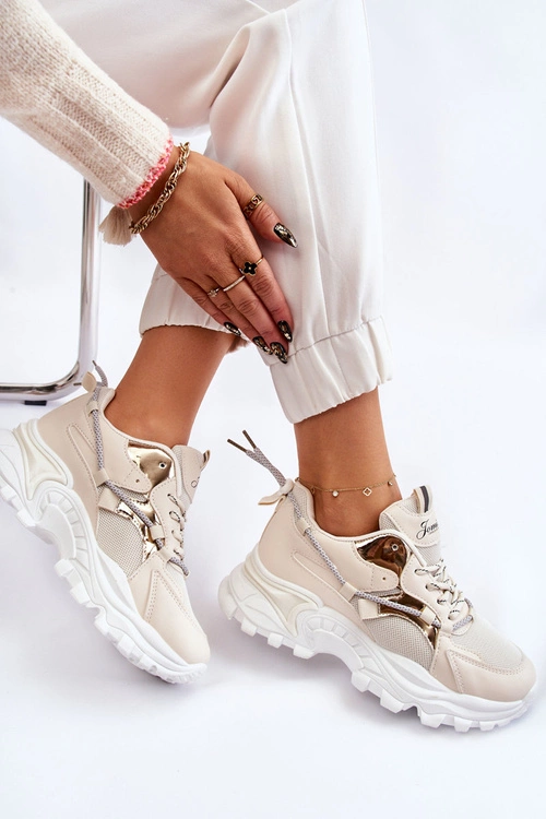 Damskie Buty Sportowe Sznurowane Na Platformie Beżowe Minea