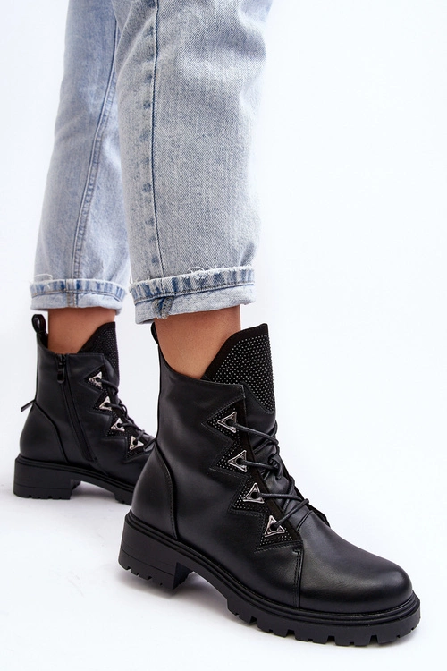 Skórzane Ocieplane Botki Z Dżetami Czarne Gwen S.Barski HY93-52A