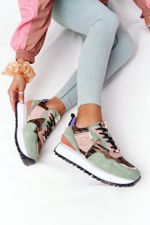 Zamszowe Sportowe Buty Na Platformie GOE HH2N4002 Zielono-Złote