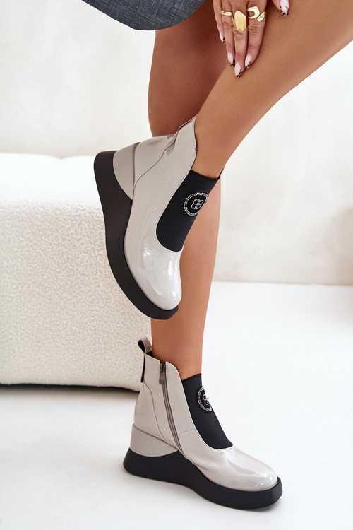 Skórzane Botki Na Koturnie D&A MR880-137 Jasnoszare