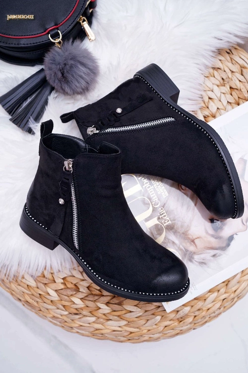 Damskie Botki Płaski Obcas Czarne Barski 98-20