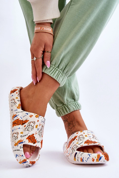 Damskie Piankowe Klapki W Misie I Napisy Beżowo-Pomarańczowe Zoey