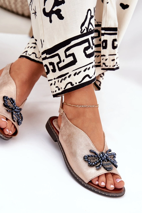 Połyskujące Sandały Damskie Z Ozdobą Płaskie Różowe Złoto Russona