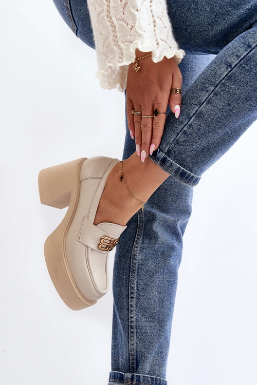 Zazoo 20170 Półbuty Skórzane Damskie Na Słupku Jasnobeżowe