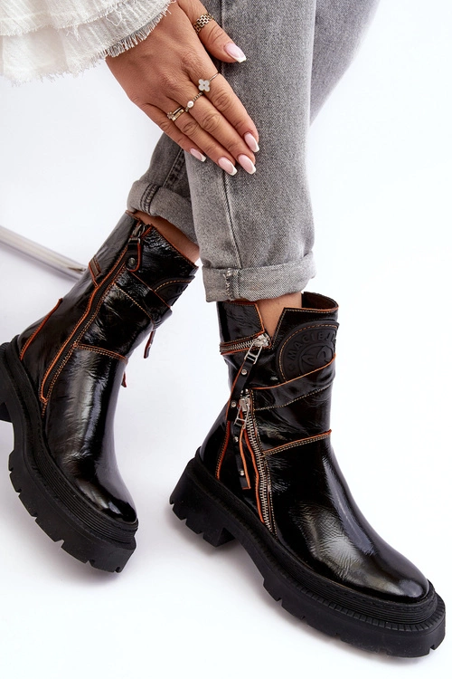 Damskie Lakierowane Skórzane Botki Z Suwakami Maciejka 06238-18 Czarne