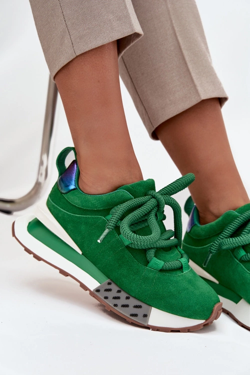 Zamszowe Sneakersy Damskie Na Platformie Z Grubym Sznurowaniem Artiker 55C0136 Zielone