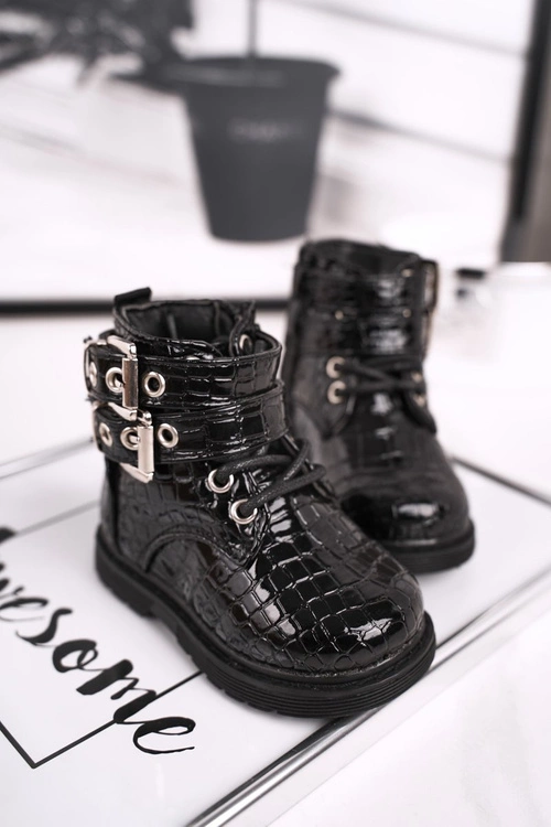 Dziecięce Botki Ocieplone Futerkiem Lakierowane Czarne Valentina