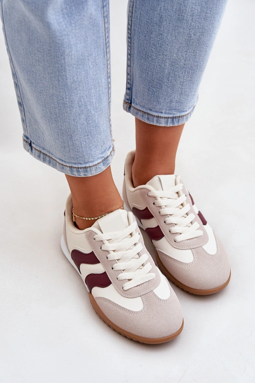 Klasyczne Sneakersy Damskie Z Eko Skóry Beżowo-Bordowe Maretina