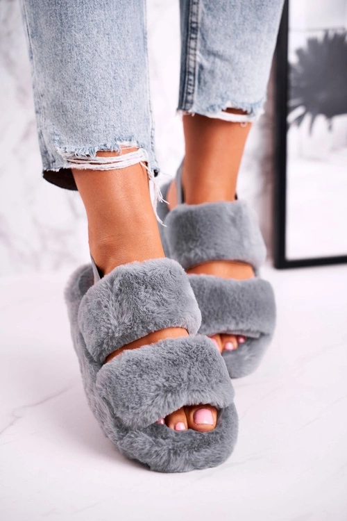 Papcie Damskie na Platformie Futrzane Szare Cotton Candy