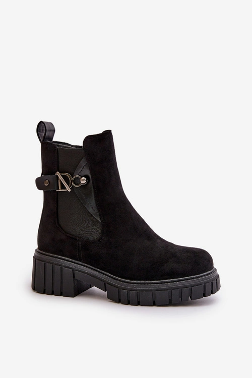 Ocieplane Botki Damskie Ze Złotym Detalem Eko Zamszowe Czarne Bervena