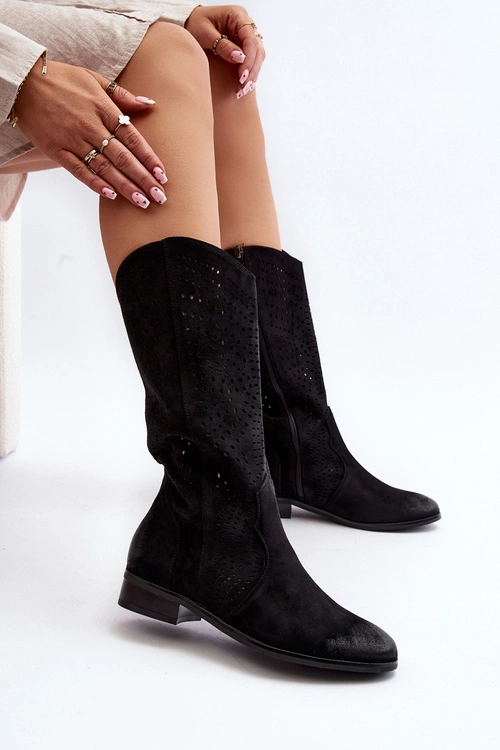 Ażurowe Kozaki Do Połowy Łydki Czarne Kleorelia