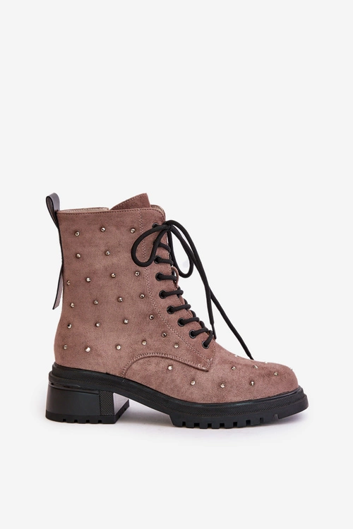 Zdobione Botki Workery Damskie Ocieplane D&A MR880-017 Taupe