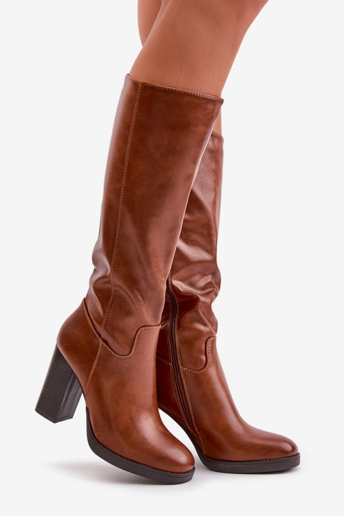 Kozaki Na Słupku Eko Skórzane Przed Kolano Camel Riamaya