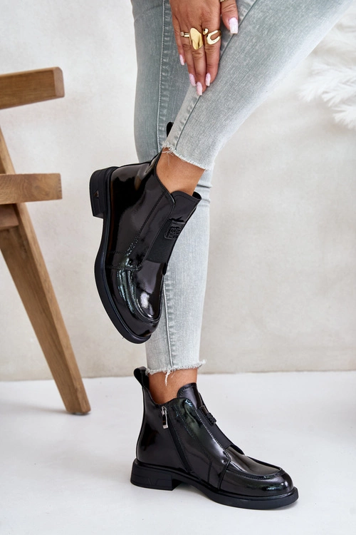 Skórzane Lakierowane Botki Damskie Na Zamek D&A JC42-24 Czarne