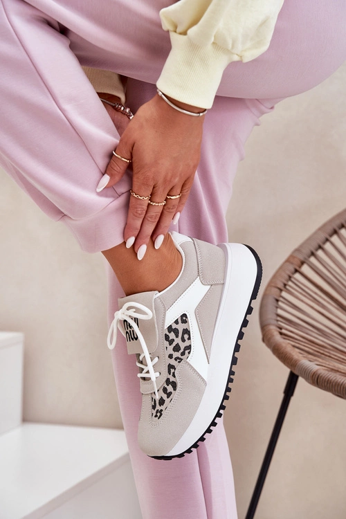 Buty Sportowe Sneakersy Damskie Na Platformie Panterka Biało-Beżowe Pumbes