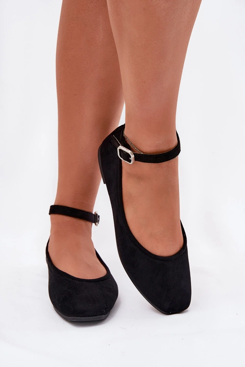 Eko Zamszowe Baleriny Z Paskiem I Klamrą Czarne Deomira