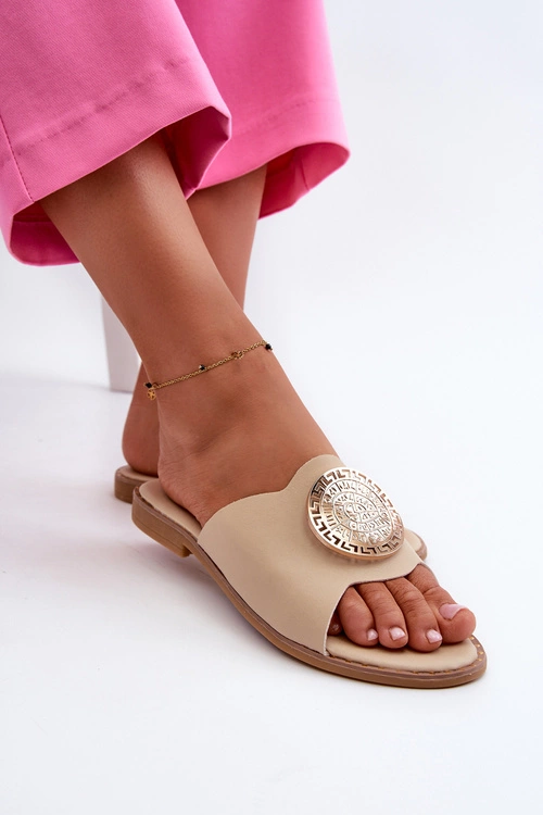 Klapki Damskie Na Płaskim Obcasie Z Ozdobą Beżowe Rivashea