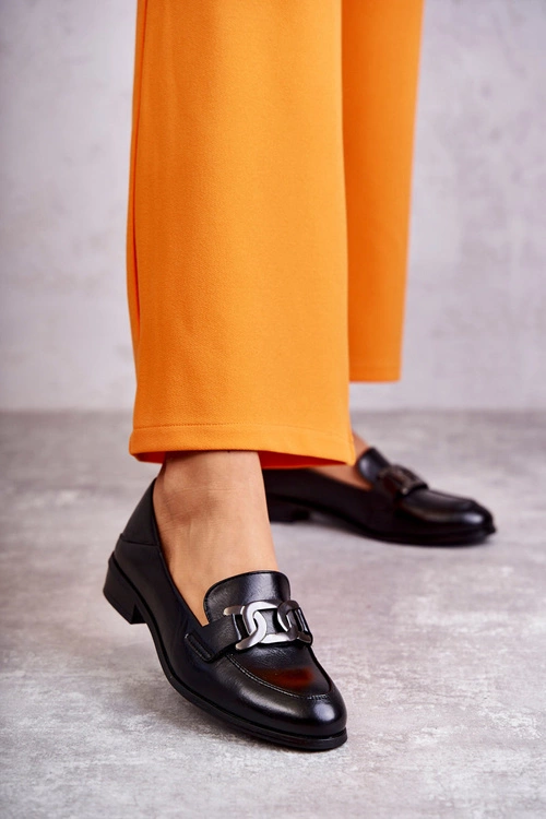 Modne Skórzane Półbuty Loafery Czarne Trine