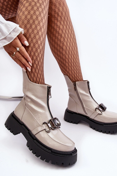 Lakierowane Damskie Botki Na Suwak D&A MR870-94 Jasnoszare