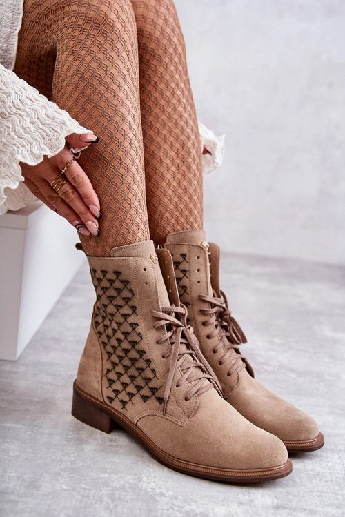 Sznurowane Zamszowe Botki Nicole 2751 Beżowe