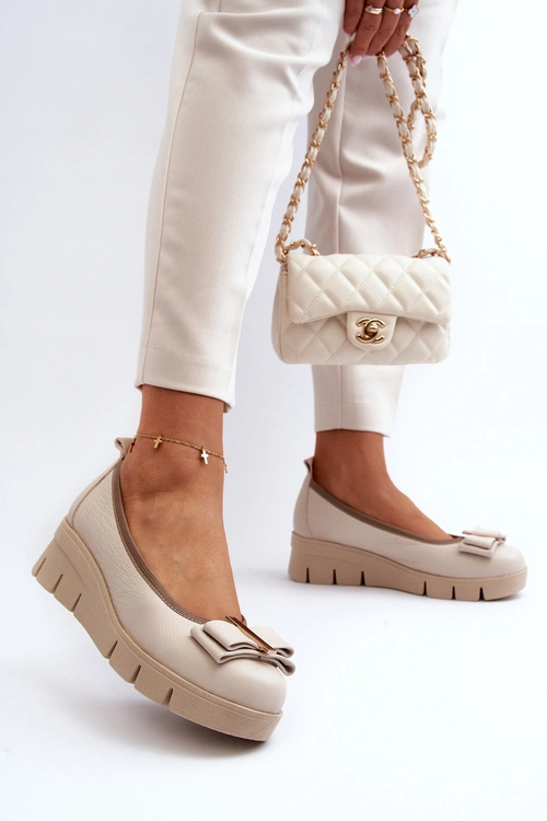 Baleriny Skórzane Na Platformie Z Ozdobą Kremowe Lewski 3384