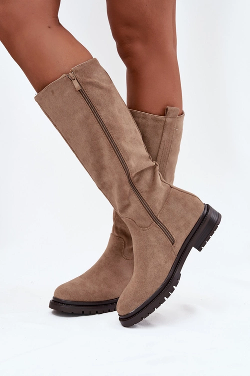 Kozaki Damskie Ocieplane Na płaskim Obcasie Eko Zamszowe Ciemnobeżowe Delyssa