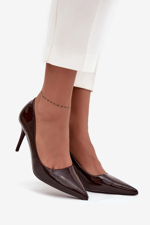 Lakierowane Eko Skórzane Szpilki Damskie Ze Szpiczastymi Noskami Czekoladowe Jadira