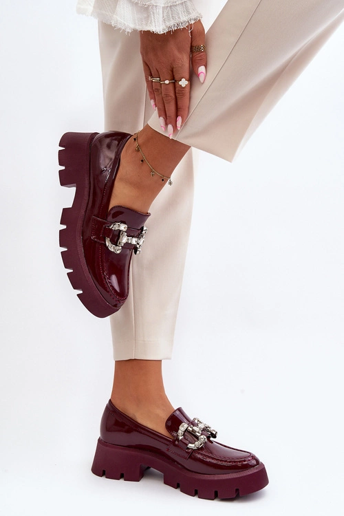 Damskie Lakierowane Mokasyny Z Ozdobą Bordowe Arsaba