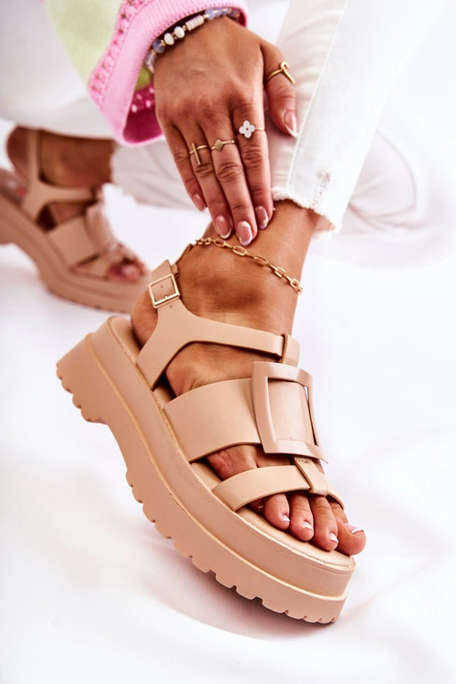 Damskie Skórzane Sandały Na Platformie Ciemnobeżowe Corene