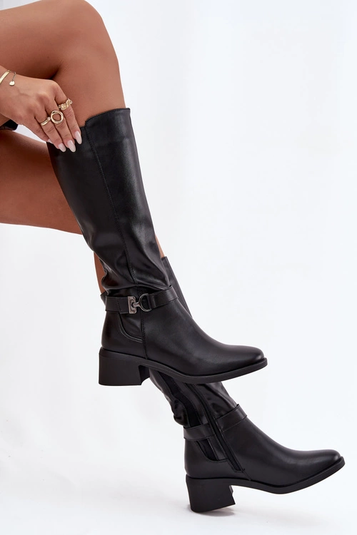 Ocieplane Kozaki Damskie Na Klocku Z Paskiem Sergio Leone KZ25826 Czarne