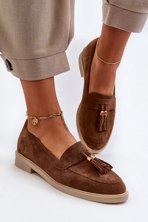 Zazoo 3420 Zamszowe Mokasyny Damskie Na Płaskim Obcasie Brązowe