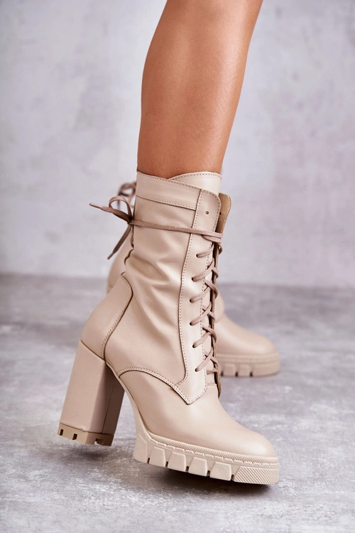 Damskie Skórzane Botki Na Platformie Beżowe Edna