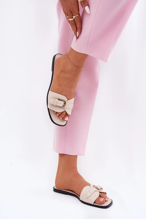 Płaskie Klapki Damskie Ze Złotą Klamrą Beżowe Esiobb