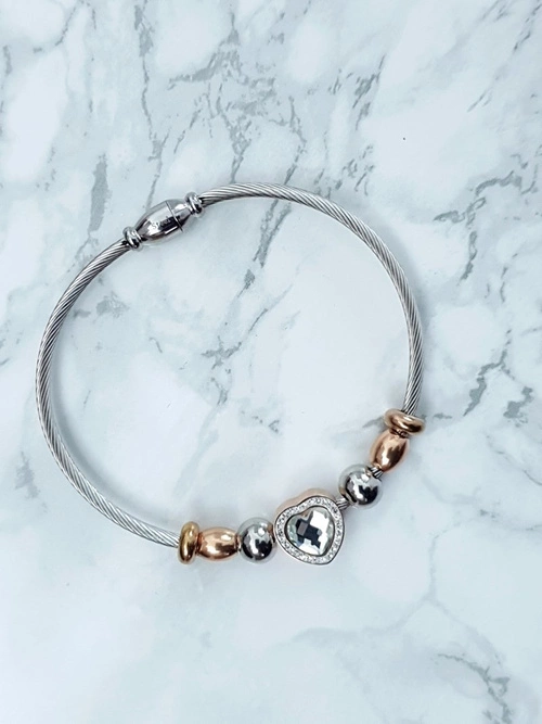 Damska Bransoleta Na Stalowej Lince Z Cyrkoniami Serce Isabella