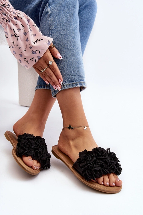 Damskie Klapki Z Kwiatkami Czarne Eelfan