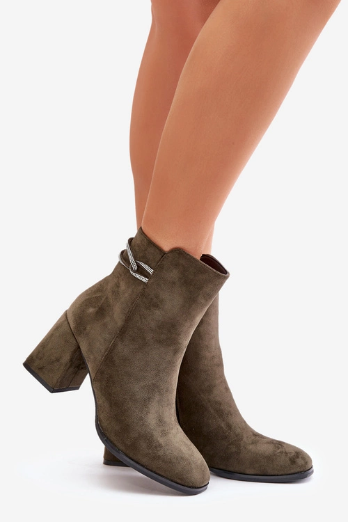 Ocieplane Botki Damskie Na Słupku Eko Zamszowe Ciemnozielone Saivia