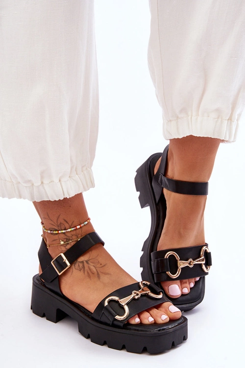 Damskie Skórzane Sandały Z Ozdobą Czarne Emori