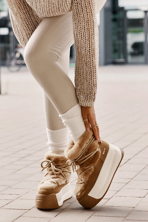 Skórzane Śniegowce Damskie Na Grubej Podeszwie Z Futerkiem Big Star OO274A207 Brązowe