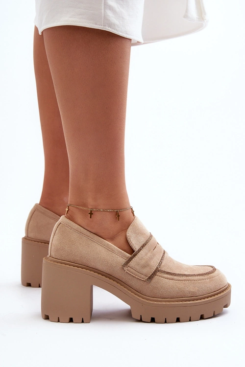 Damskie Półbuty Na Masywnym Obcasie Beżowe Feneli