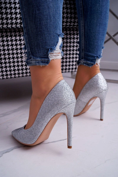 Szpilki Damskie Brokatowe Srebrne Vivien